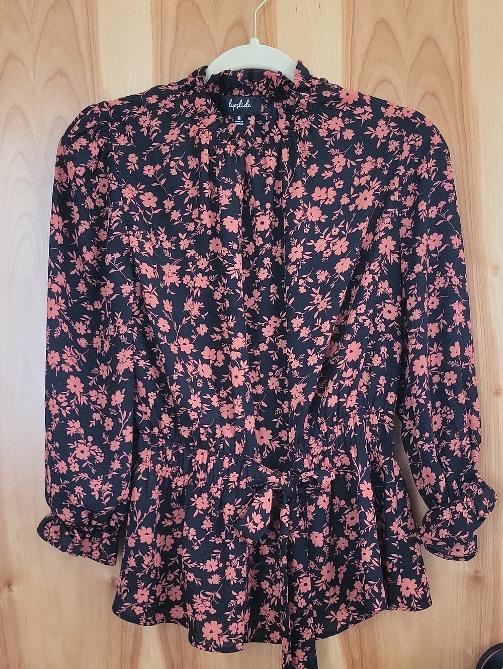 Hipstitch Black Blouse with Coral Floral Print and Tie Waist